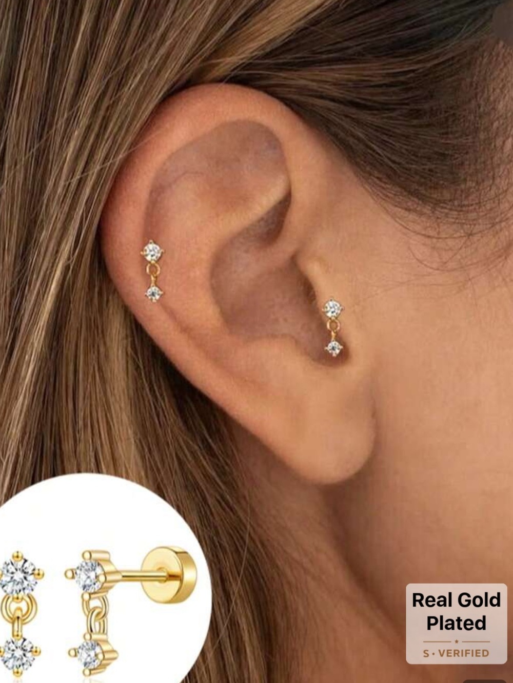 🆕NWT Gold Plated Dainty Dangle CZ Earrings. 3 PAIR! 6 earrings total!